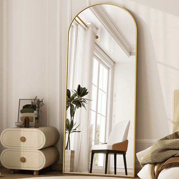 Mirstory 64"x21" Floor Mirror Arched Full Length Standing Body Dressing Mirror, Gold