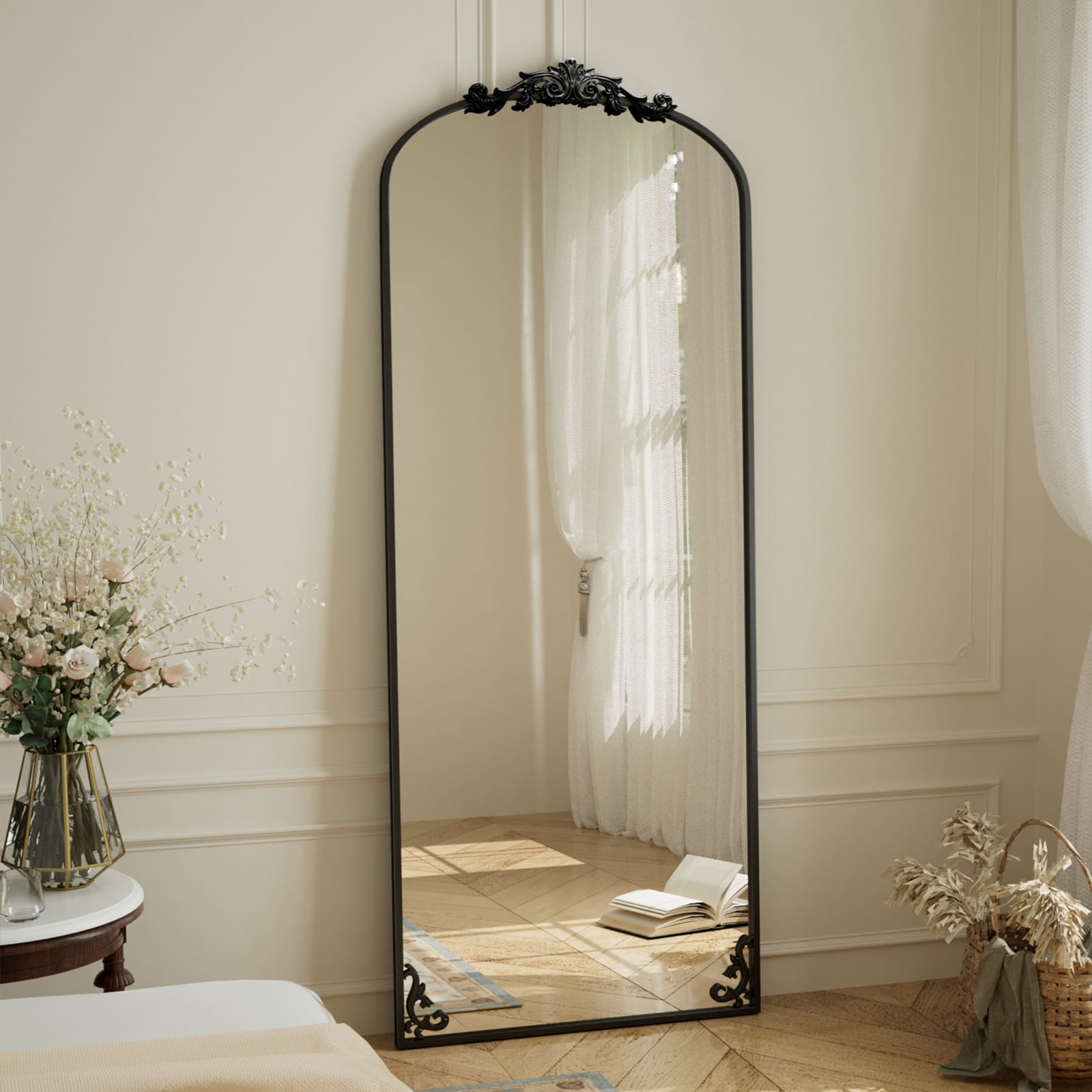 Mirstory 65"x 24" Arched Full Length Mirror Baroque Vintage Mirror with Carved Metal Frame, Black