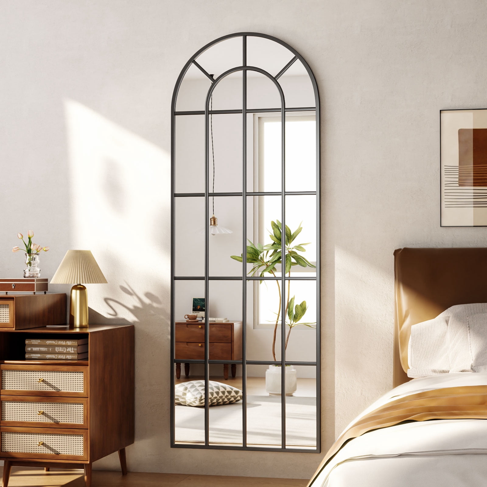 Mirstory 65"x24" Arched Windowpane Floor Mirror Wall-Mounted Full Length Mirror, Black