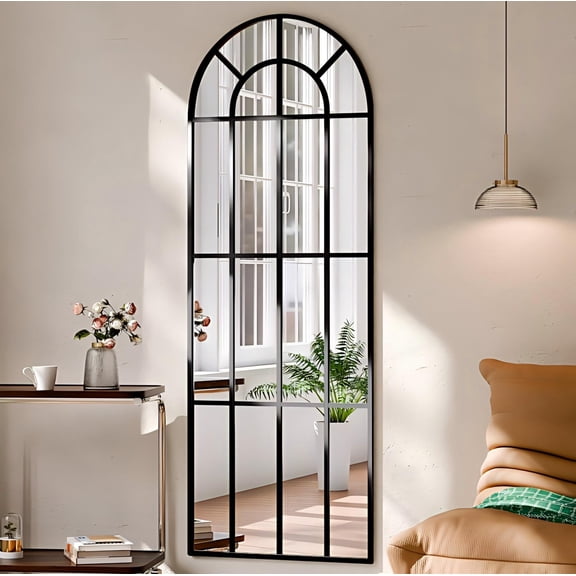 Mirstory 69"x25" Arched Full Length Mirror Windowpane Floor Mirror, Black