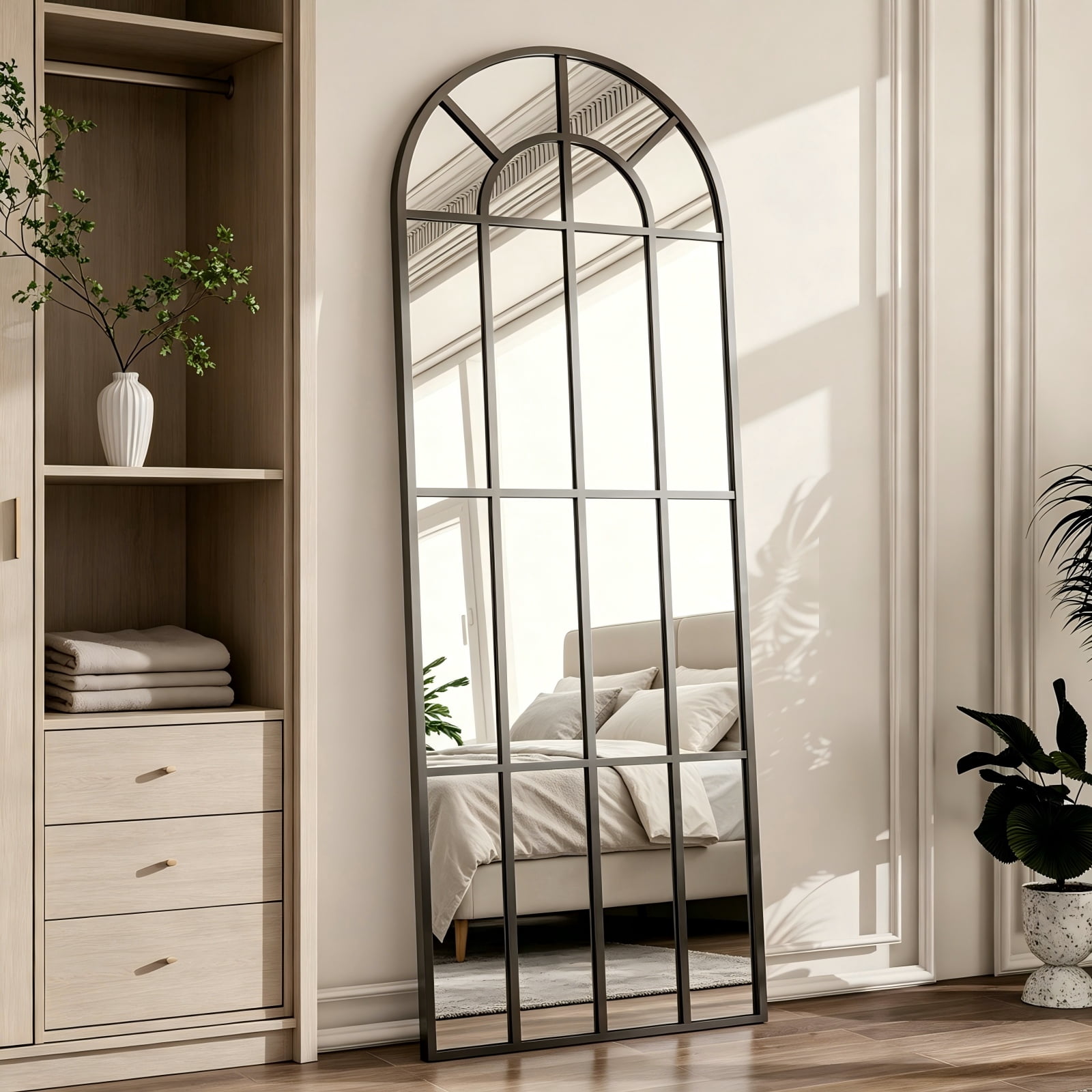 Mirstory 69"x25" Arched Windowpane Floor Mirror Wall-Mounted Full Length Mirror, Black