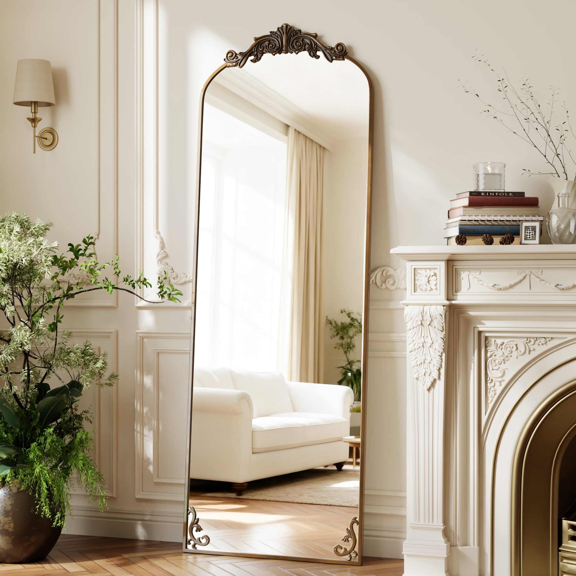 Mirstory 70"x 24" Arched Full Length Mirror Baroque Vintage Mirror with Carved Metal Frame, Antique Bronze