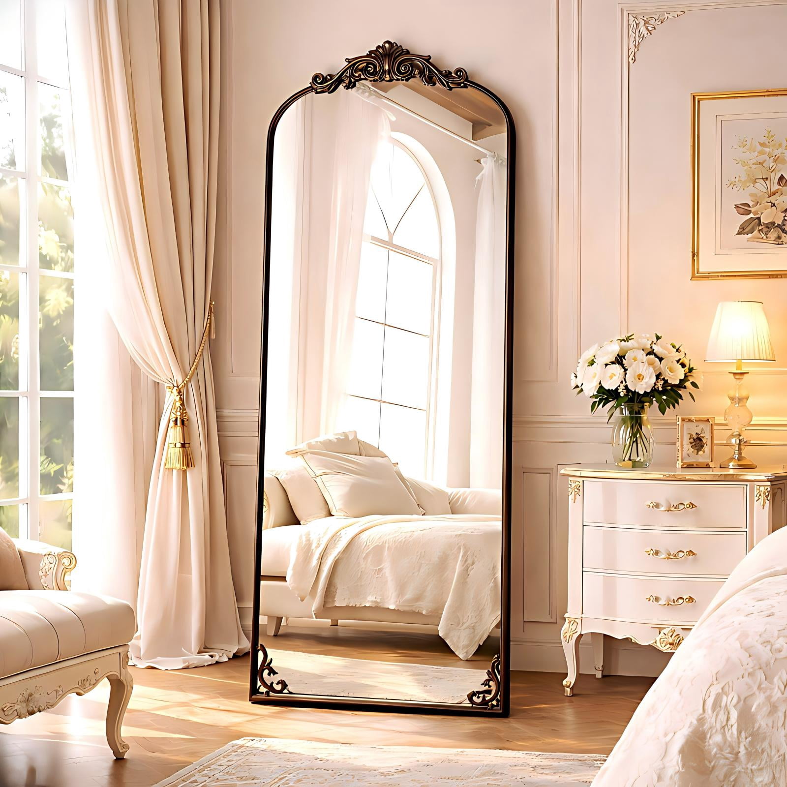 Mirstory 71"x 32" Arched Full Length Mirror Baroque Vintage Mirror with Carved Metal Frame, Antique Bronze