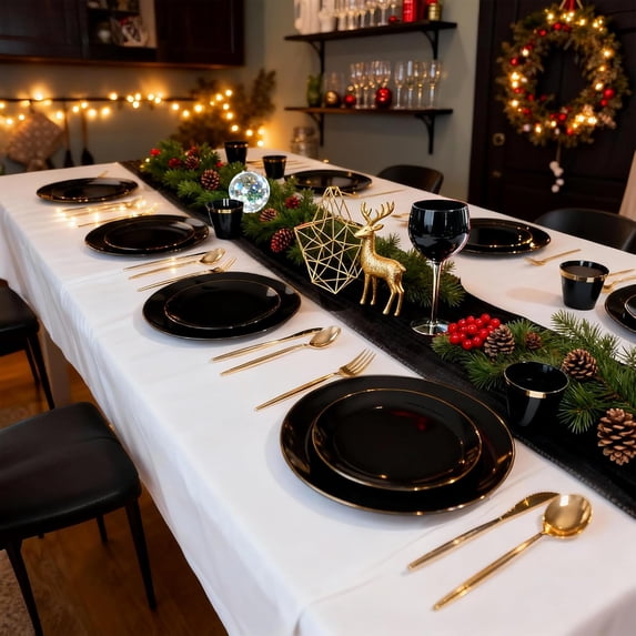 MirthMood 210Pcs Black and Gold Disposable Plates Set