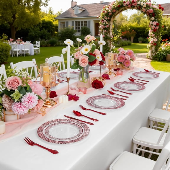 MirthMood 30 Guests Red Plastic Plates with Disposable Silverware, Clear Red Party & Wedding Dinnerware Include 30 Dinner Plates, 30 Dessert Plates, 30 Silver Cutlery for Weddings & Party