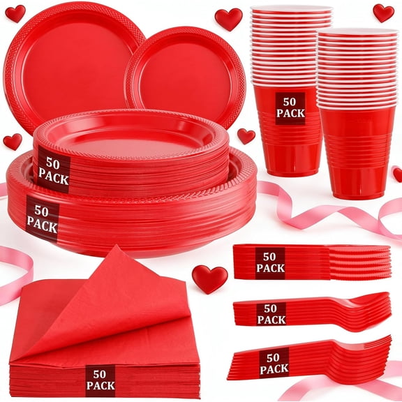MirthMood 350PCS Red Disposable Plastic Plates,Red Dinnerware Set Includes 50 Dinner Plates, 50 Salad Plates, 50 Sets of Silverware, 50 Napkins and 50Pcs 12OZ Plastic Cups
