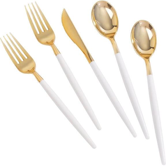 MirthMood 60 PCS Gold Plastic Silverware,Gold Silverware Disposable,Disposable Utensils Heavy Duty,Plastic Cutlery Set,Includes:20 Knives, Forks and Spoons for Party, Birthday,Wedding