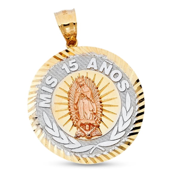 Mis 15 Anos Polished Charm Sweet 15 Years Pendant Solid 14k Tri Tone Gold Quinceanera 26 mm x 26 mm