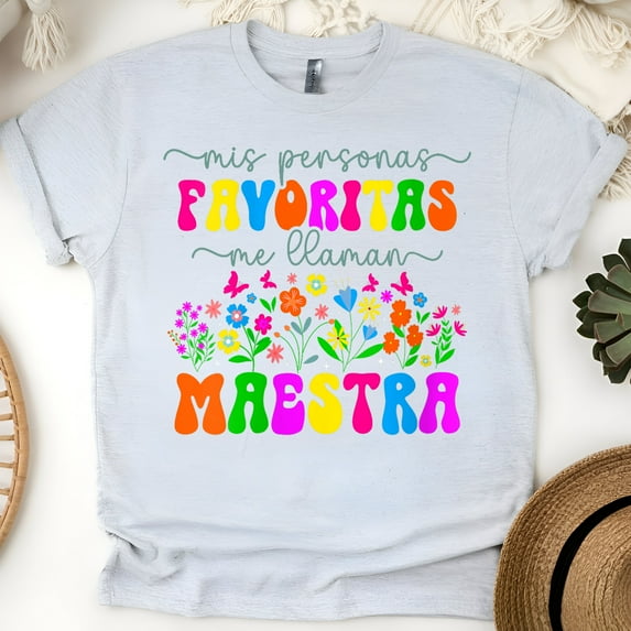 Mis Personas Favoritas Me Llaman Maestra T-Shirt, Colorful Floral Spanish Teacher Tee, Ash, Size 5XL