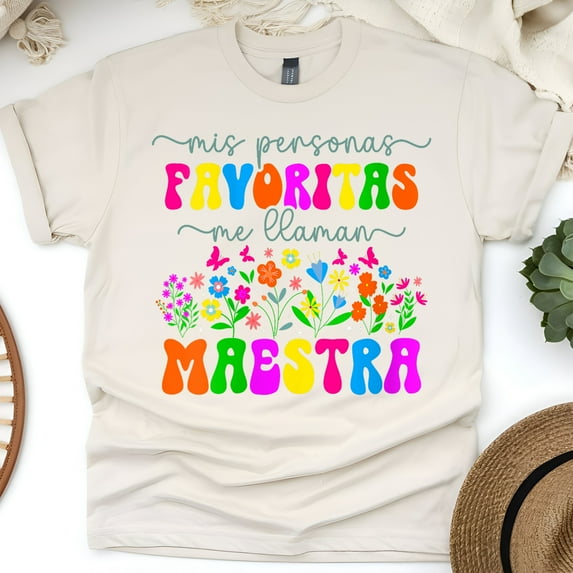 Mis Personas Favoritas Me Llaman Maestra T-Shirt, Colorful Floral Spanish Teacher Tee, Natural, Size 3XL