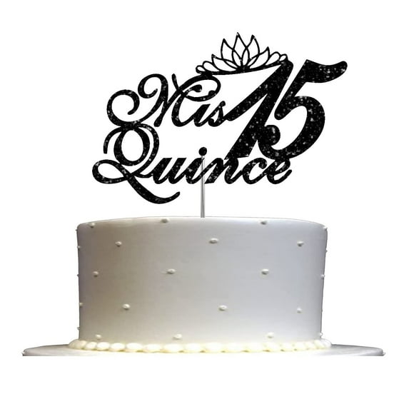 Mis Quince 15 Quinceanera Glitter Cake Topper, Fifteen Birthday Party Decorations Ideas, Sturdy Doubled Sided Glitter, Acrylic Stick (Black)