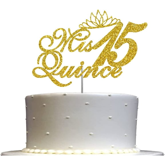 Mis Quince 15 Quinceanera Glitter Cake Topper, Fifteen Birthday Party Decorations Ideas, Sturdy Doubled Sided Glitter, Acrylic Stick (Gold)