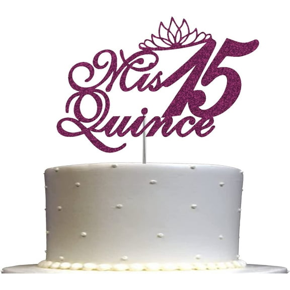 Mis Quince 15 Quinceanera Glitter Cake Topper, Fifteen Birthday Party Decorations Ideas, Sturdy Doubled Sided Glitter, Acrylic Stick (Purple)