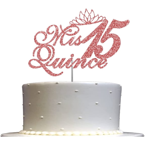 Mis Quince 15 Quinceanera Glitter Cake Topper, Fifteen Birthday Party Decorations Ideas, Sturdy Doubled Sided Glitter, Acrylic Stick (Rose Gold)