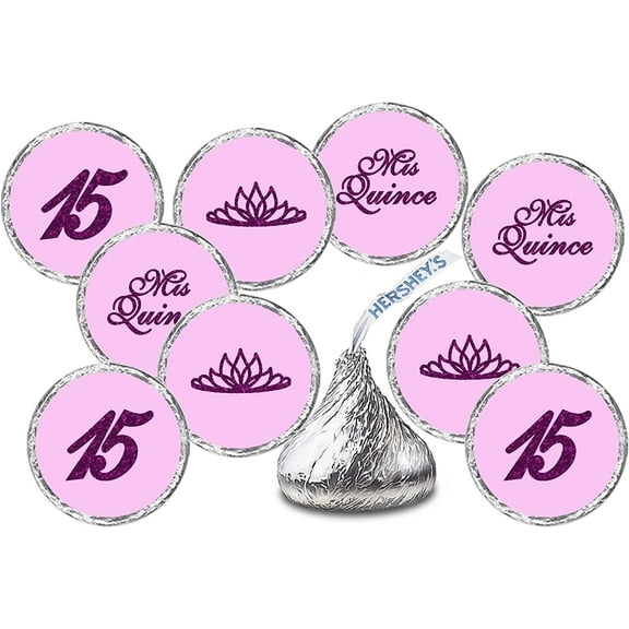 Mis Quince Birthday Purple Kisses Stickers, (Set of 216), Quinceanera Chocolate Drops Labels, 15 Party Decoration Favors Decor for Kisses