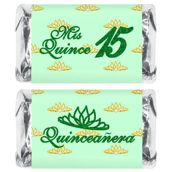 Mis Quince Miniature Candy Bar Wrapper, Quinceanera Mini Chocolate Bar Stickers for 15 Birthday Party, Table Top Event Decorations, (Set of 60) Candy Not Included (Green)