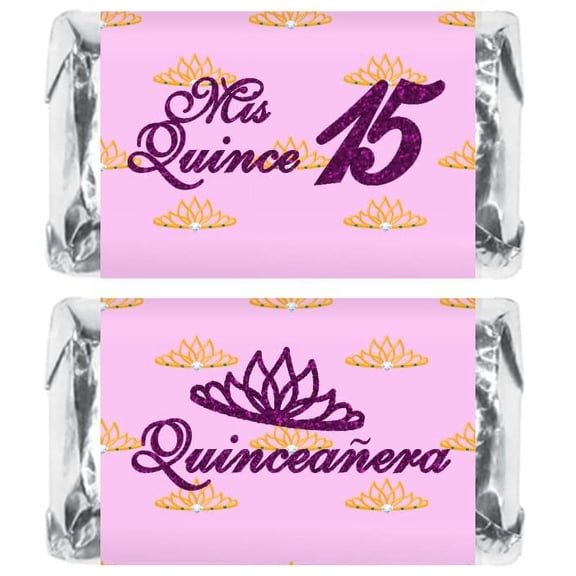 Mis Quince Miniature Candy Bar Wrapper, Quinceanera Mini Chocolate Bar Stickers for 15 Birthday Party, Table Top Event Decorations, (Set of 60) Candy Not Included (Purple)