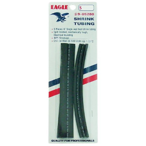 Misc 905280 Eagle 6 in. Black Heat Shrink Tubing - 0.19 in. & 0.31 in. - 40 Percent Shrinkage - 6 Piece