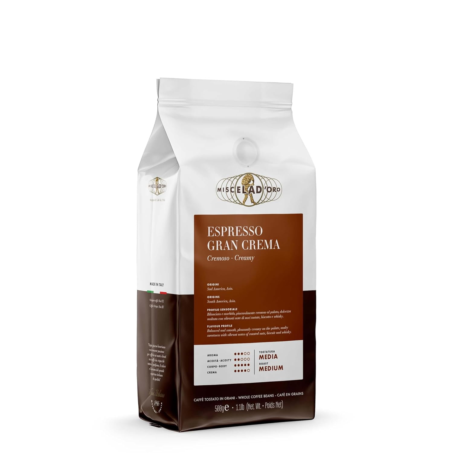 Miscela d'Oro Espresso Gran Crema – 1.1 lb (500g) Italian Medium Roast, Balanced, Smooth, Creamy – Whole Bean Coffee Made in Italy