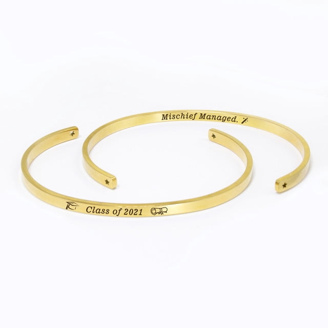 "Mischief Managed" Gold Stainless Steel Graduation Theme Hidden Message Gift for Her Cuff Bracelet with Gift Set