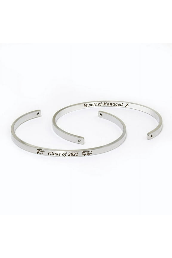 "Mischief Managed" Silver Stainless Steel Graduation Theme Hidden Message Gift for Her Cuff Bracelet with Gift Set