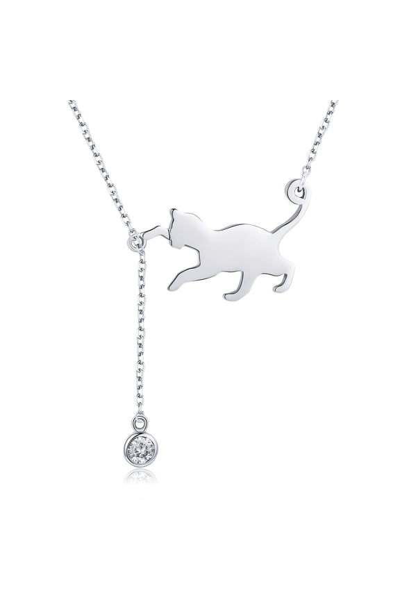 Mischievous Cat Sterling Silver Necklace - 925 Silver Adjustable Chain Delicate Pendant Jewelry for Women