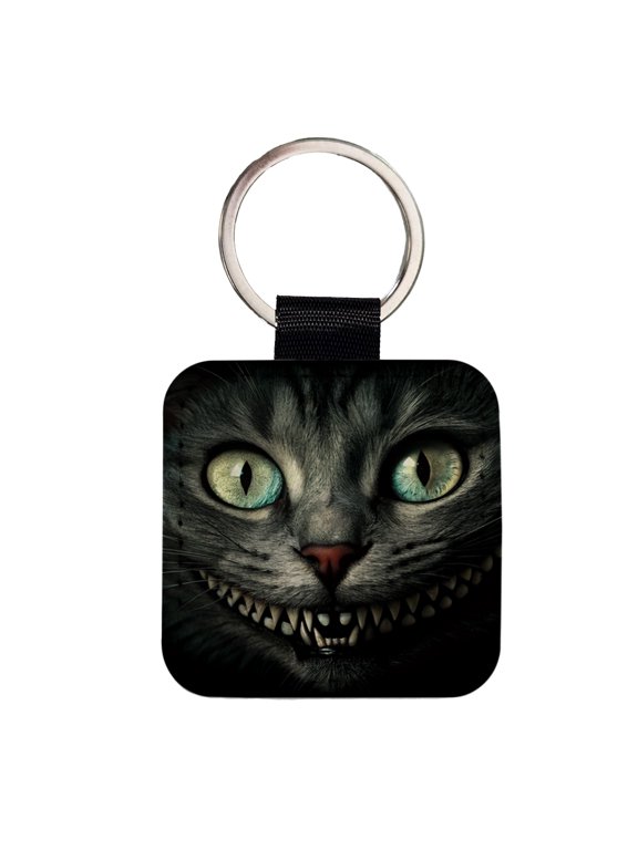 Mischievous Cheshire Cat Grin on Black Faux Leather Square Keychain