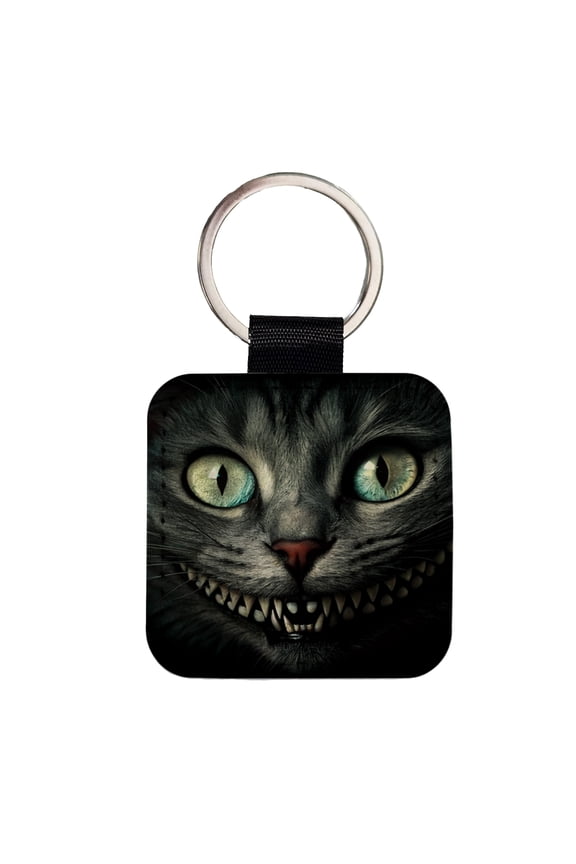 Mischievous Cheshire Cat Grin on Black Faux Leather Square Keychain