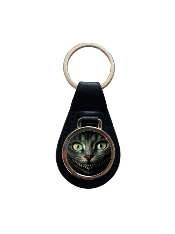 Mischievous Cheshire Cat Grin on Black Metal Black Leather Keychain