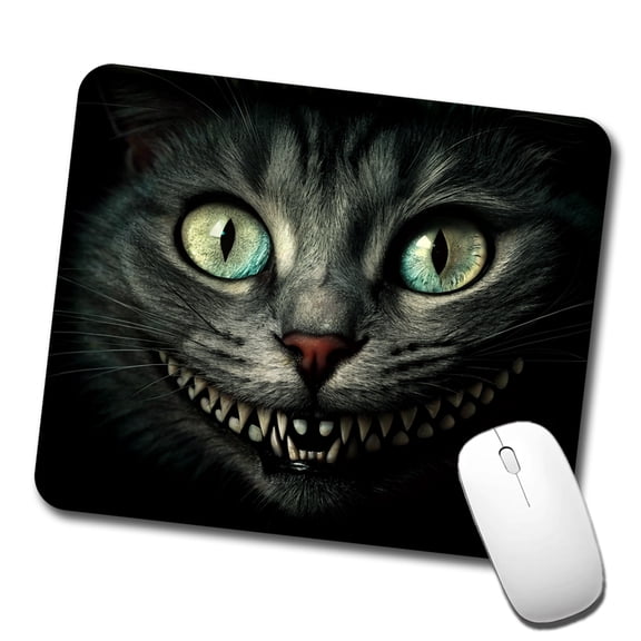 Mischievous Cheshire Cat Grin on Black Mouse Pad Low Profile Gaming Mat