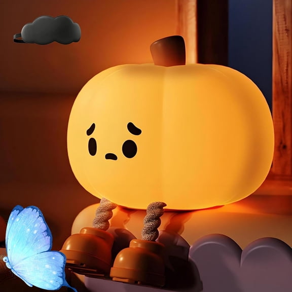 Mischievous Grinning Pumpkin Night Light, Soft Glow Pumpkin Night Lamp, Squishy Silicone Rechargeable Bedside Lamp with3 Brightness Modes and Automatic Shutdown Timer (2PCS)