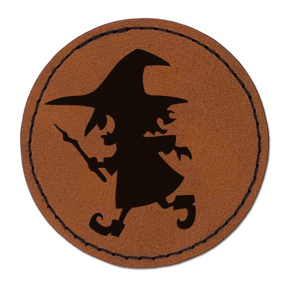 Mischievous Little Witch Wand Halloween 2.5" Faux Leather Round Engraved Iron-On Patch - Brown