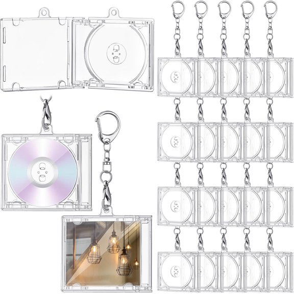 Misdary Mini Cd Holder Keychain Album Case Plastic Player Shaped Key Pendant Blank DVD Case Clear CD Jewel Keyring for DIY