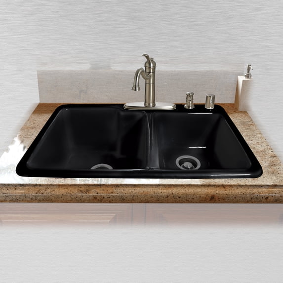 Miseno MCI34-4TM-78 33" Double Basin Drop In Cast Iron Kitchen Sink; Black