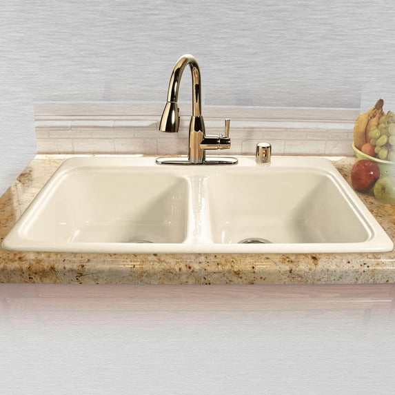 Miseno MCI45-4TM-22 33" Double Basin Drop In Cast Iron Kitchen Sink; Biscuit