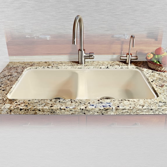 Miseno MCI46-5UM-22 33" Double Basin Undermount Cast Iron Kitchen Sink; Biscuit