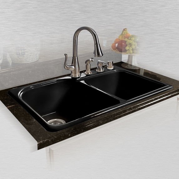Miseno MCI67-4TM-78 33" Double Basin Drop In Cast Iron Kitchen Sink; Black