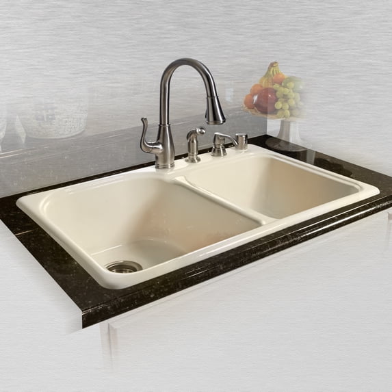 Miseno MCI67-4TM-22 33" Double Basin Drop In Cast Iron Kitchen Sink; Biscuit