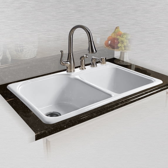 Miseno MCI67-4TM-20 33" Double Basin Drop In Cast Iron Kitchen Sink; White