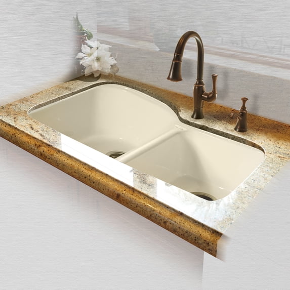 Miseno MCI68-4UM-22 33" Double Basin Undermount Cast Iron Kitchen Sink; Biscuit