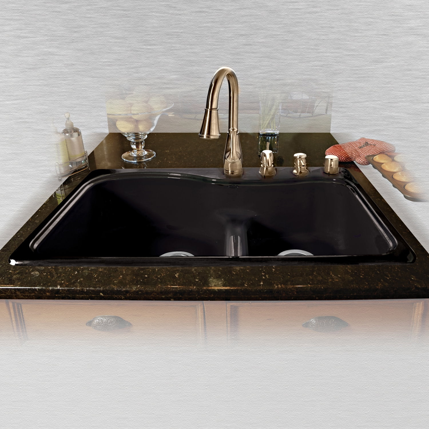 Miseno MCI75-4TM-LD-78 33" Double Basin Drop In Cast Iron Kitchen Sink; Black