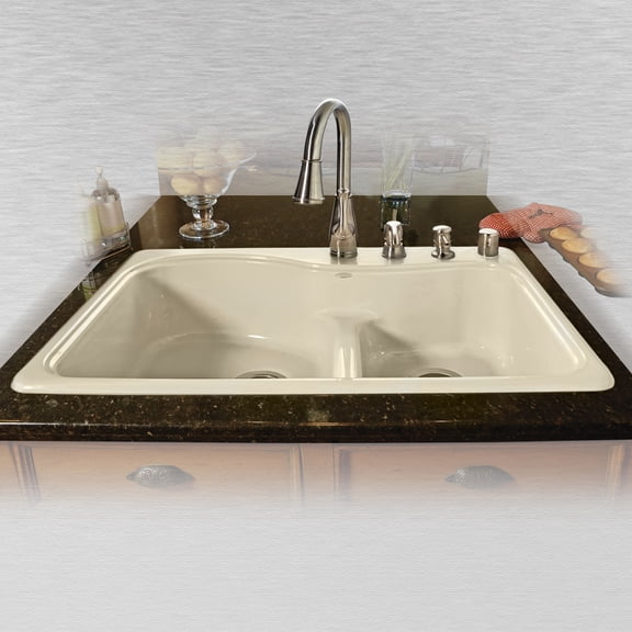 Miseno MCI75-4TM-LD-22 33" Double Basin Drop In Cast Iron Kitchen Sink; Biscuit