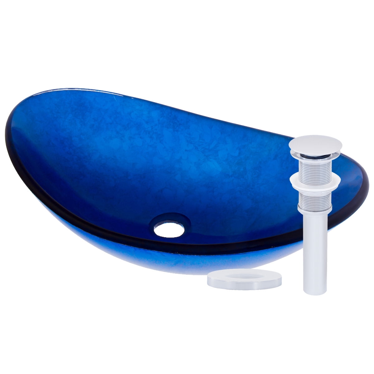 Fluorescent Blue Oval Tempered Glass Vessel Sink with Chrome Drain