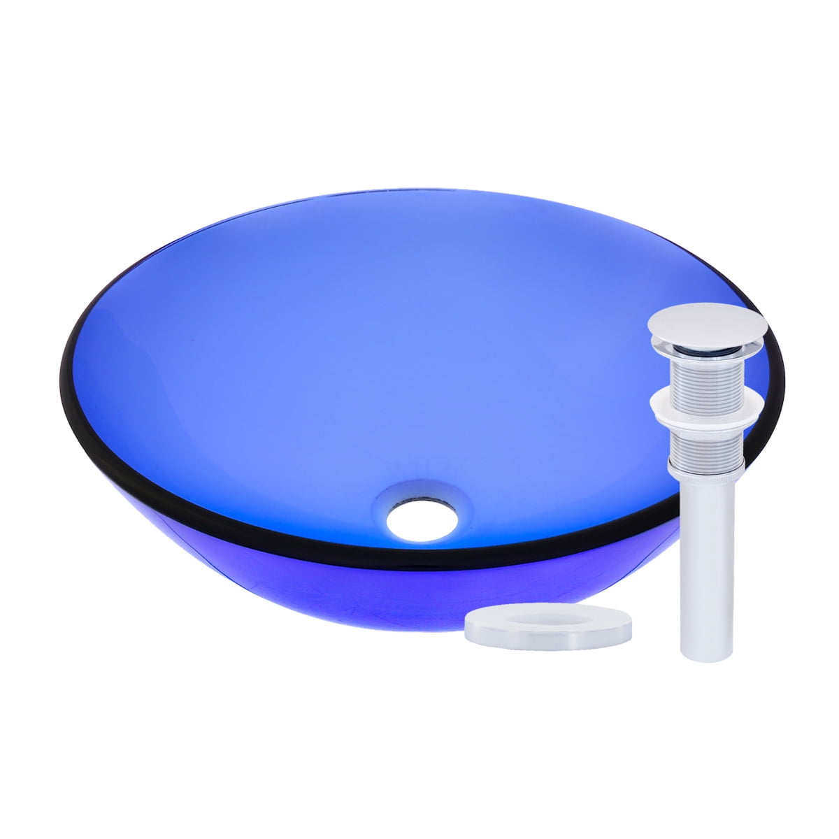 16.5" Clear Blue Glass Vessel Sink with Polished Chrome Drain