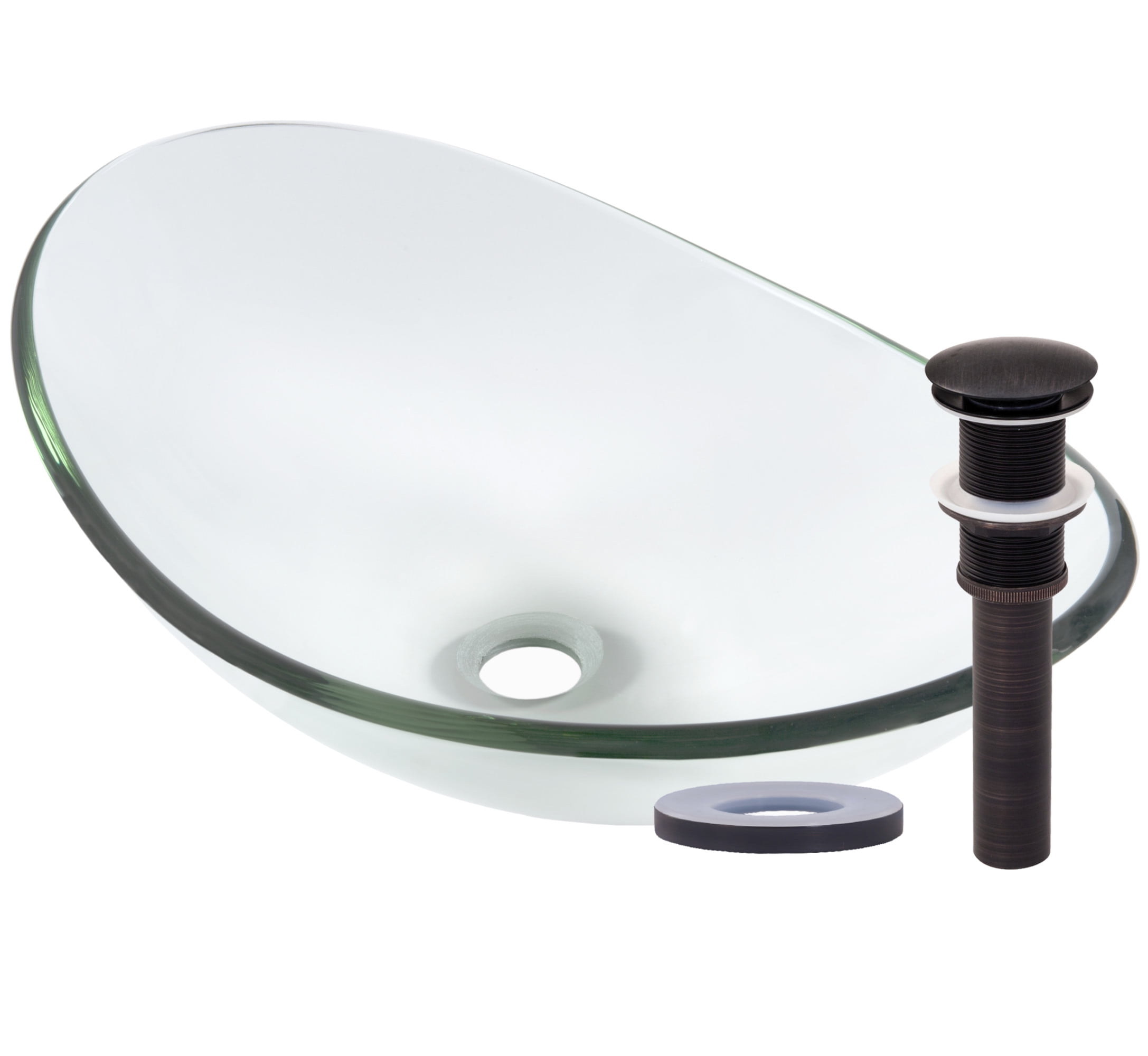 Clear Glass Oval Vessel Sink with Oil Rubbed Bronze Drain