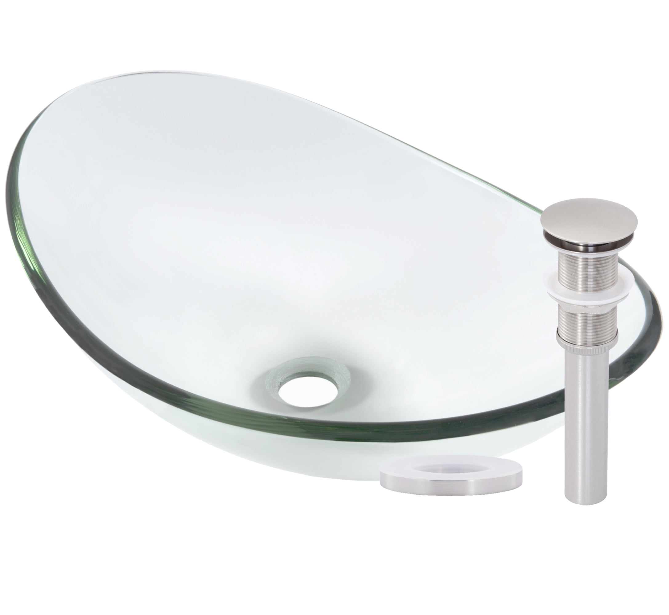 Clear Oval Tempered Glass Vessel Sink with Brushed Nickel Drain
