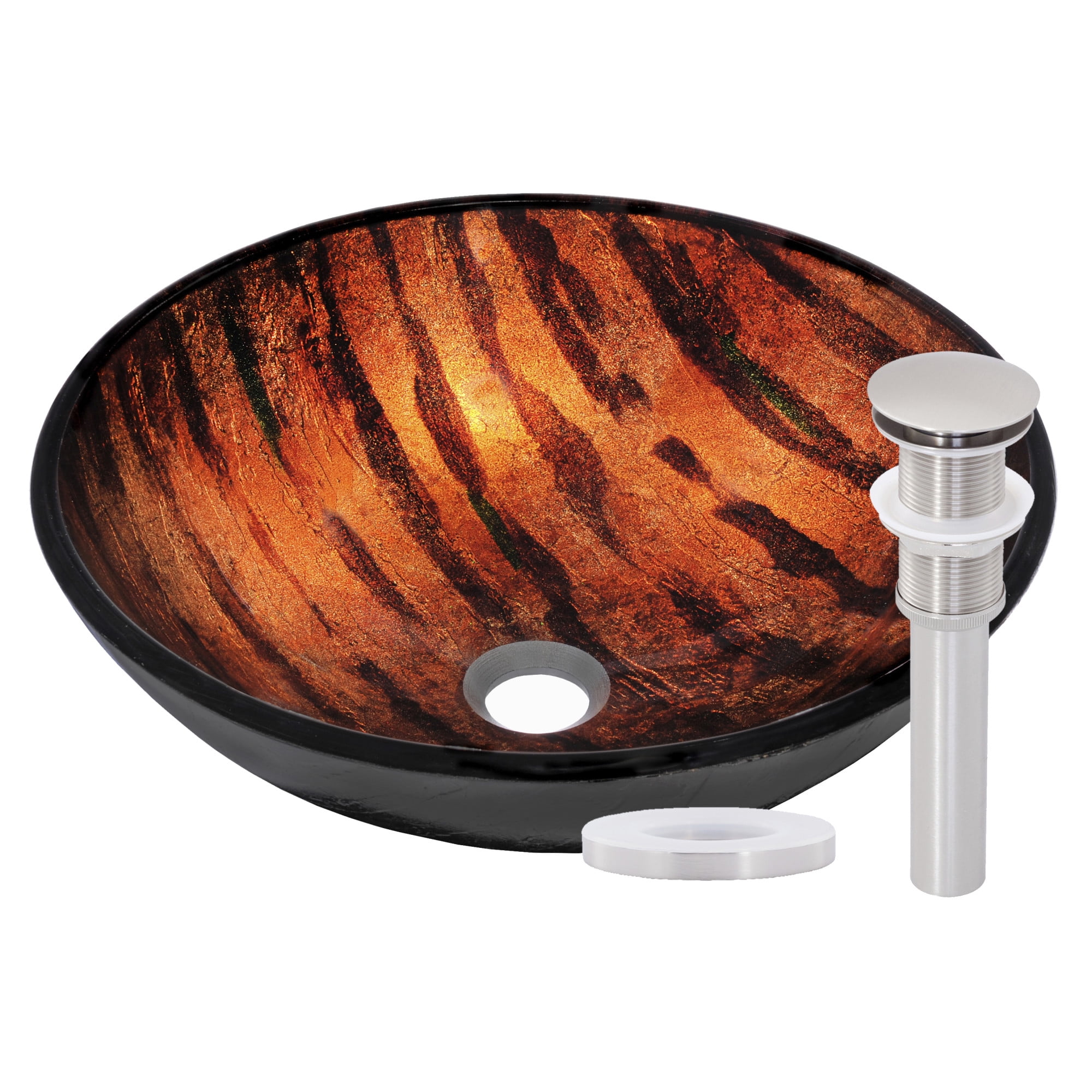 Amber and Black Glass Vessel Sink with Brushed Nickel Drain