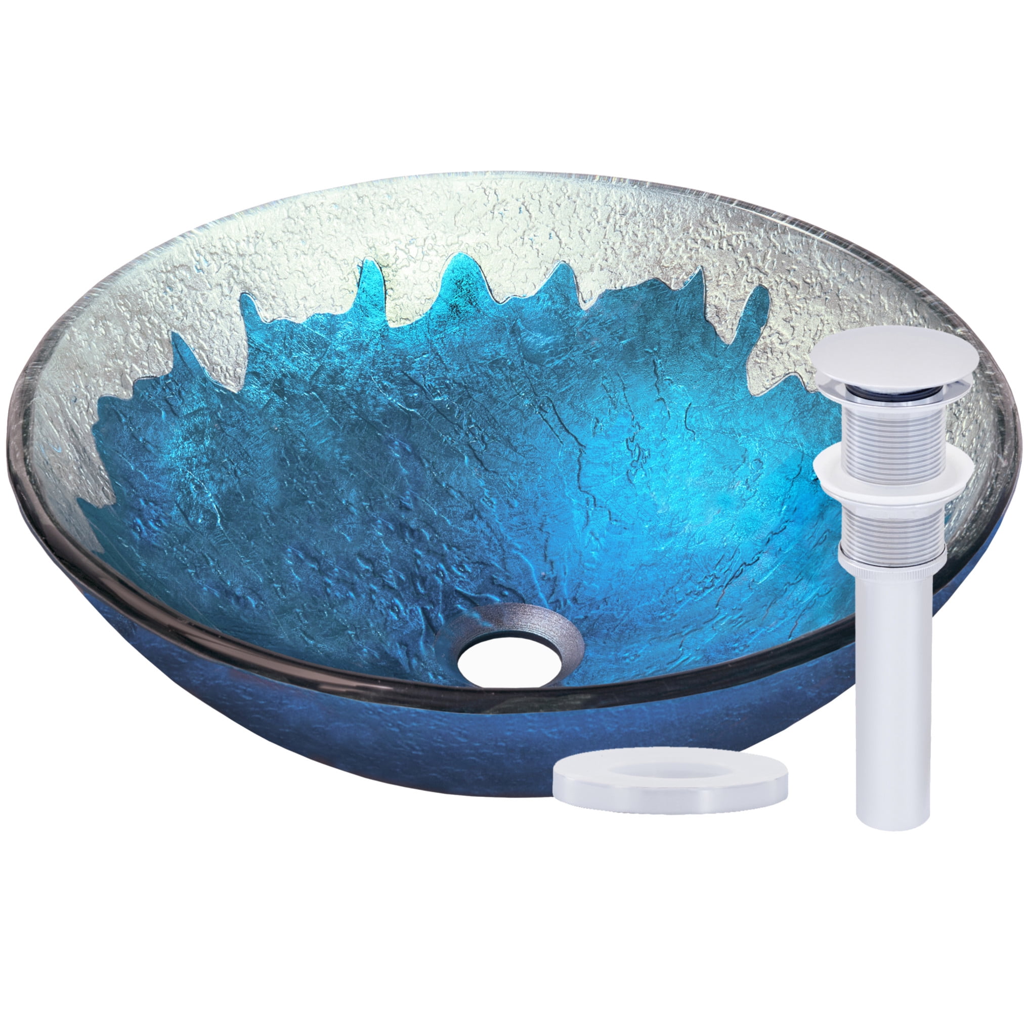 Circular Blue and Silver Tempered Glass Vessel Sink with Chrome Drain