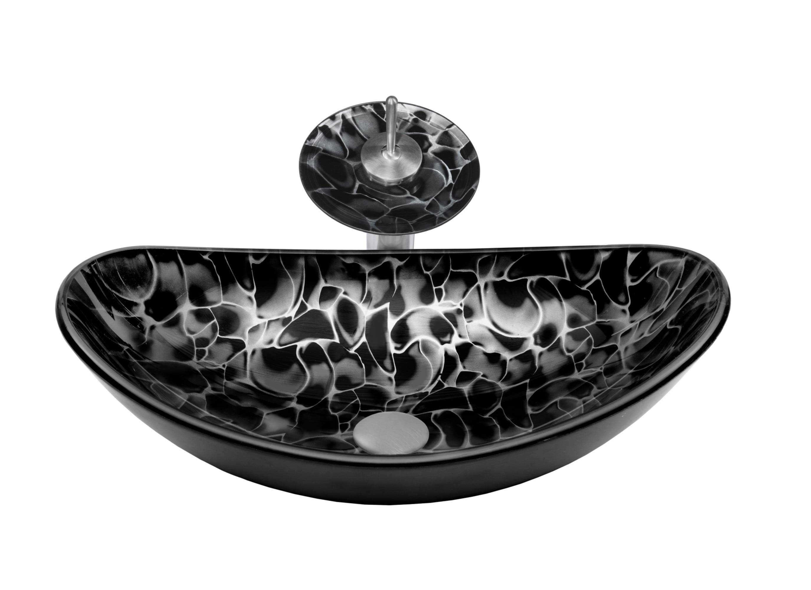 21.5" Black and Silver Glass Vessel Sink with Nickel Faucet
