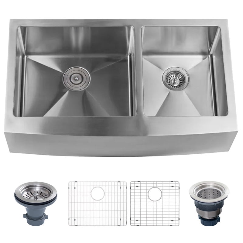 Miseno MNO163620F6040 36 in. Farmhouse Double Basin Stainless Steel Kitchen Sink with Apron Front 60-40 Split Drain Assemblies & Fitted Basin Rack